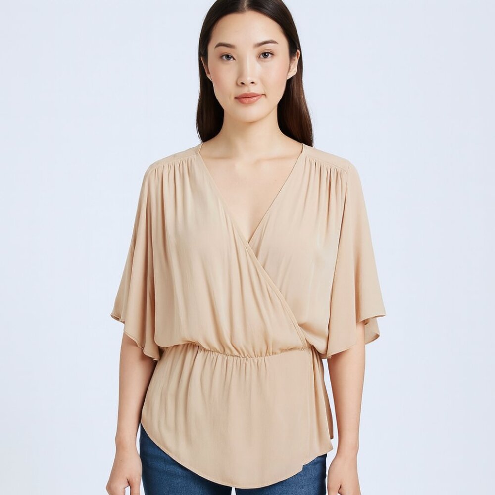 MNG Mango | Short Sleeve Lightweight Peach Pink Surplice Blouse | Size 6